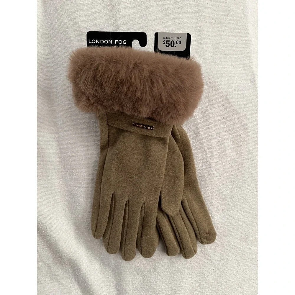 NEW London Fog Faux Fur Gloves Women's OS Touch Screen Compatible Taupe / Tan